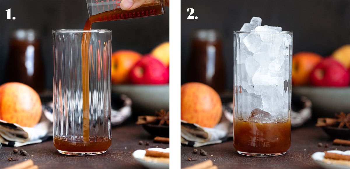 Apple syrup being poured into a tall glass on the left and filled with ice on the right.