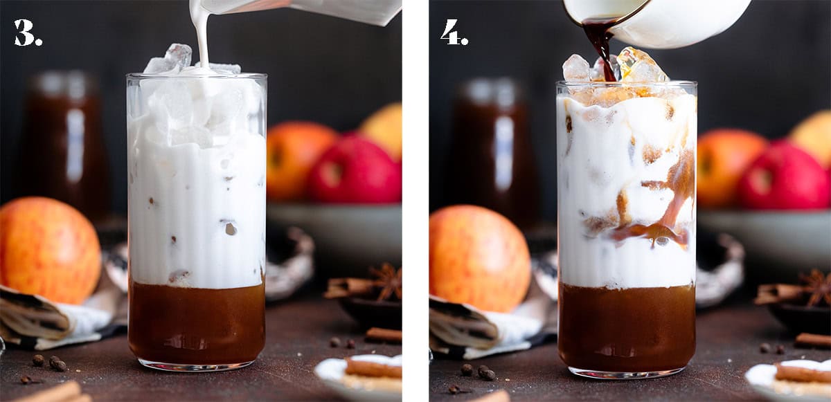 An espresso being poured out of a white mug into a tall glass filled with ice and milk.