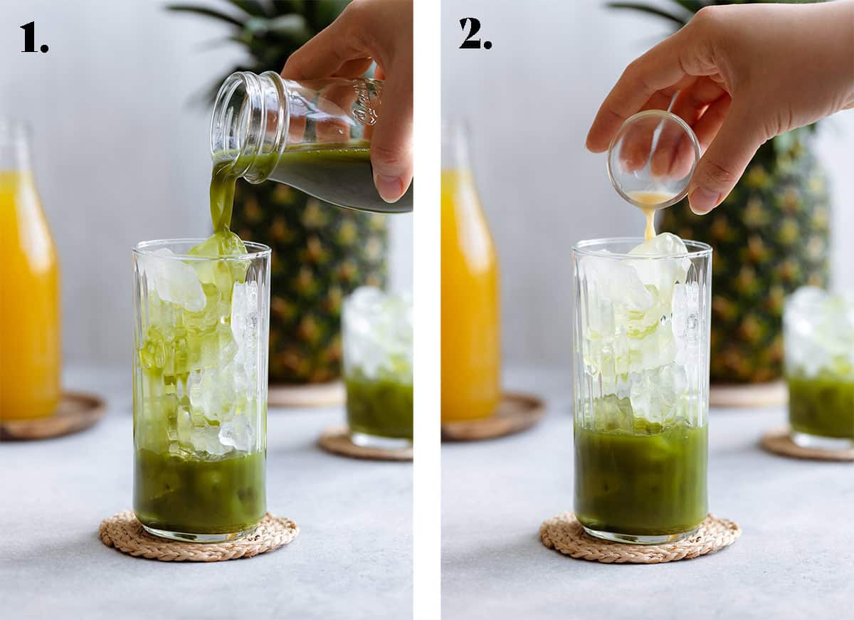 Matcha being poured over ice in one photo and ginger juice in the other.