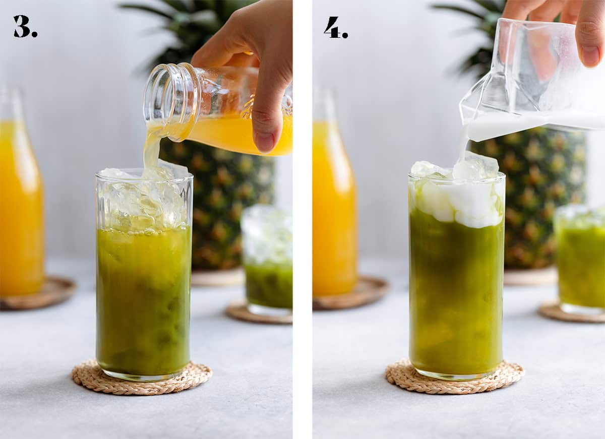 Pineapple juice being poured into the matcha drink on the right and topping with coconut milk on the right.