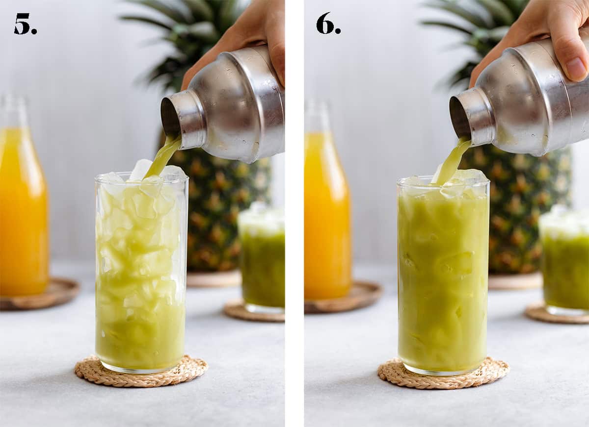 Shaken Pineapple matcha drink being poured over ice from a cocktail shaker.