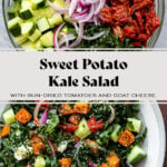 Kale salad in a shallow grey bowl and in a glass bowl.