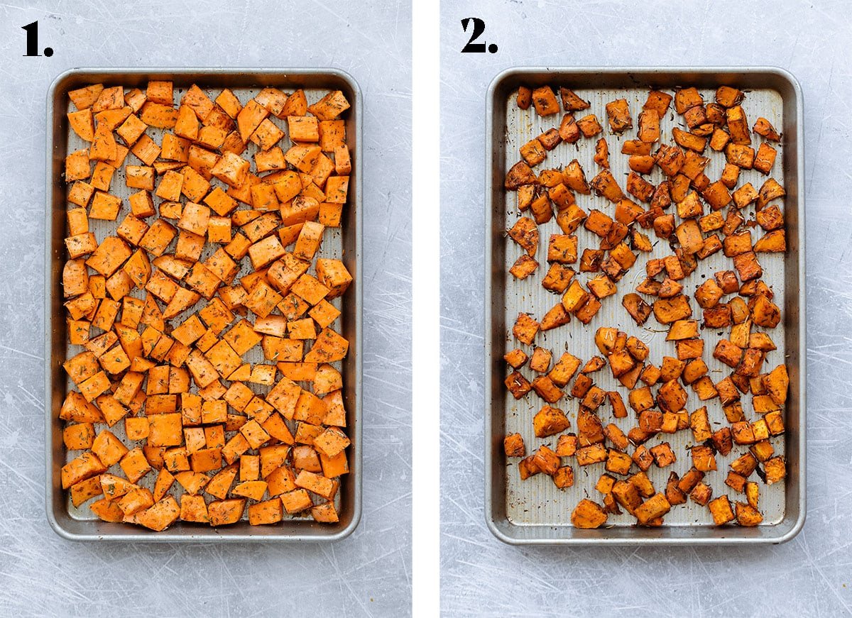 Diced sweet potatoes on a baking pan before and after roasting.