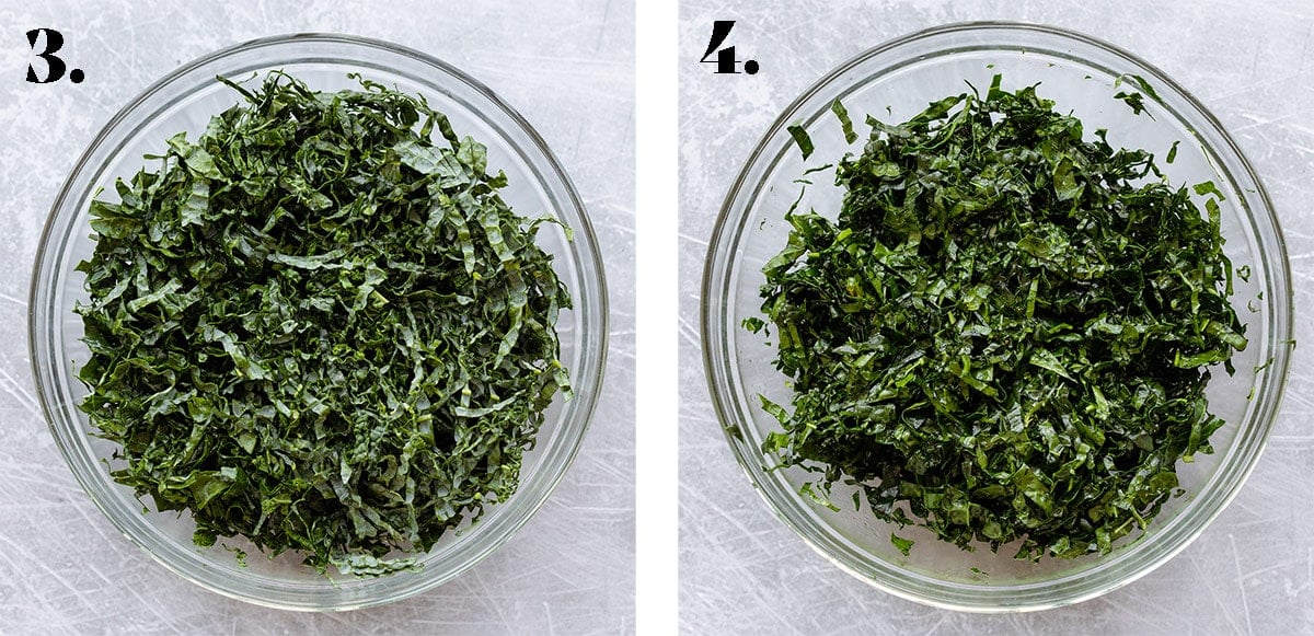 Finely chopped kale in a glass bowl before and after massaging.