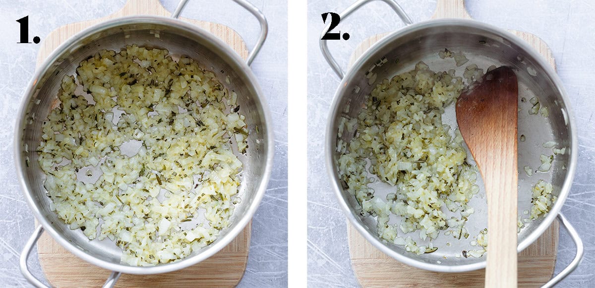 A process shot of cooking chopped onion and garlic in a large pot.