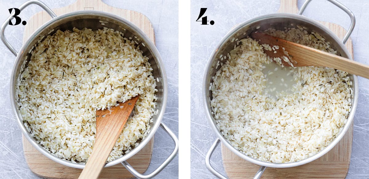 A process shot of adding rice and white wine to the cooked onion.