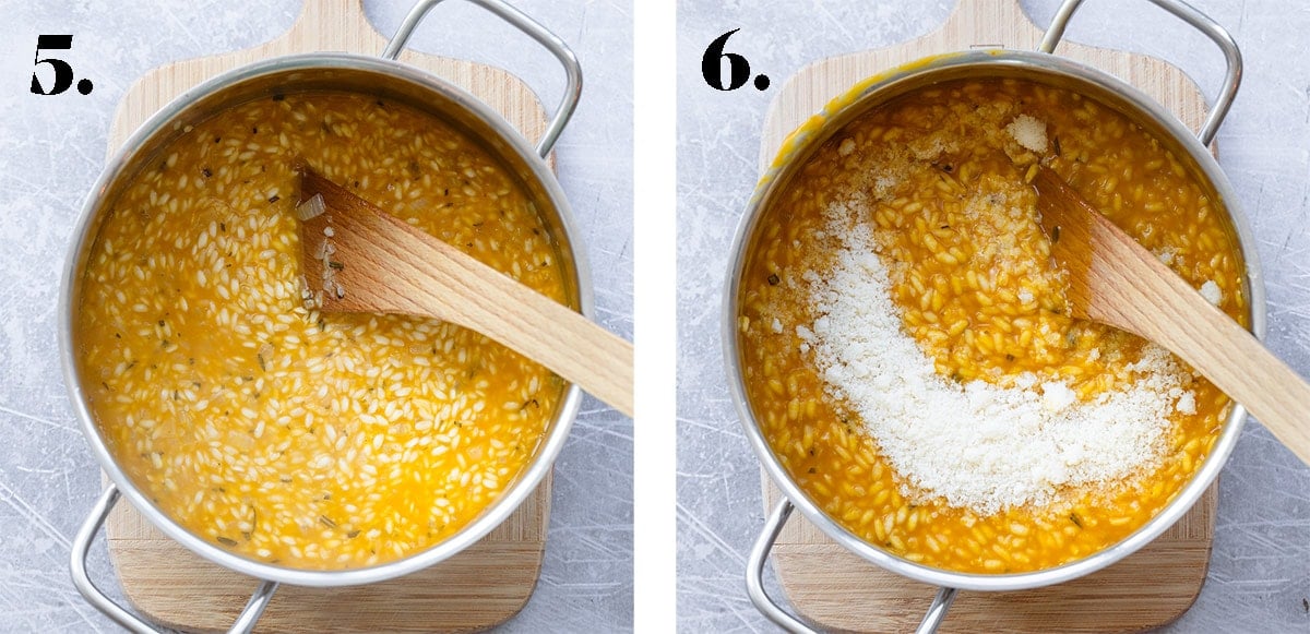 A process shot of adding broth to rice and parmesan cheese.