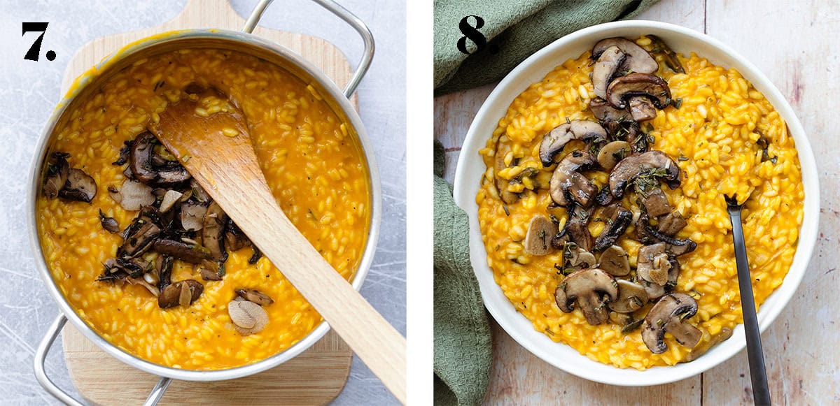 The last step of adding mushrooms to the risotto on the left and served on a white plate on the right.