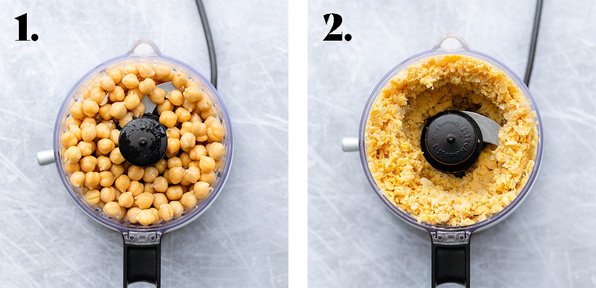 Two shots of a food processor one with whole chickpeas one with chopped chickpeas.
