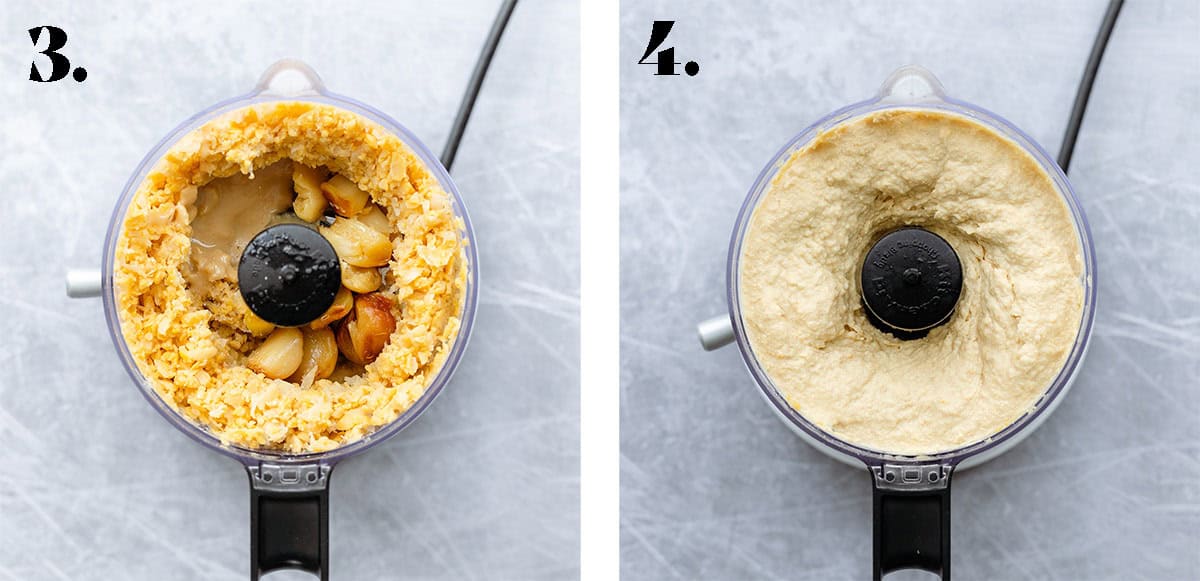 Two food processor shots one before blending hummus ingredients and the other after.