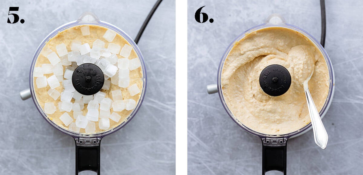 Hummus in a food processor with ice cubes on the left and after blending on the right.