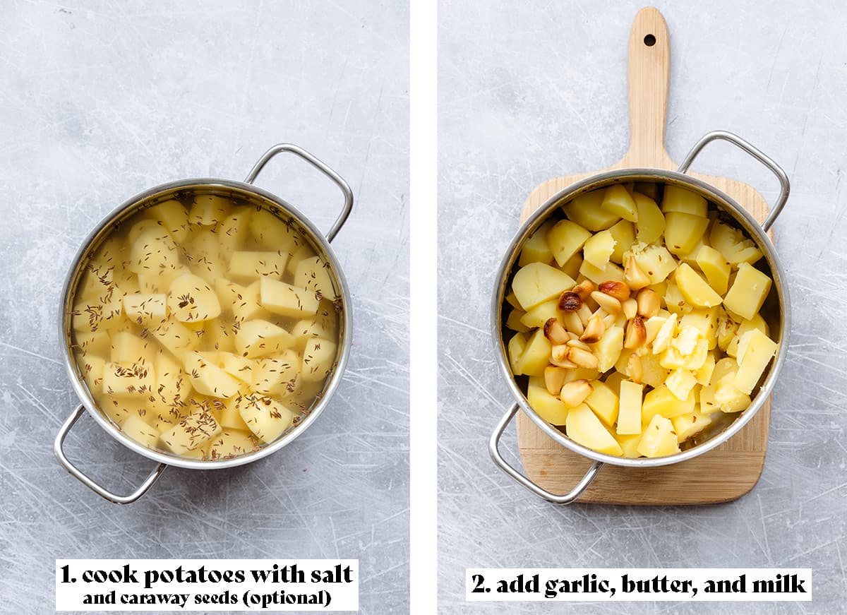 Potatoes before and after cooking in a large pot.