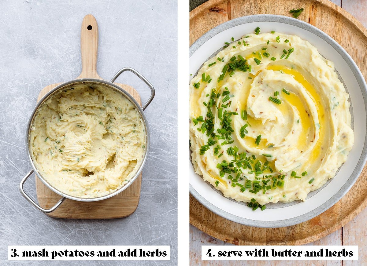 Mashed potatoes in a large pot on the left and in a grey bowl on the right.