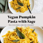 Pumpkin pasta topped with fried sage on a white plate with a black fork in the pasta.