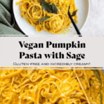 Pumpkin pasta topped with fried sage on a white plate with a black fork in the pasta.