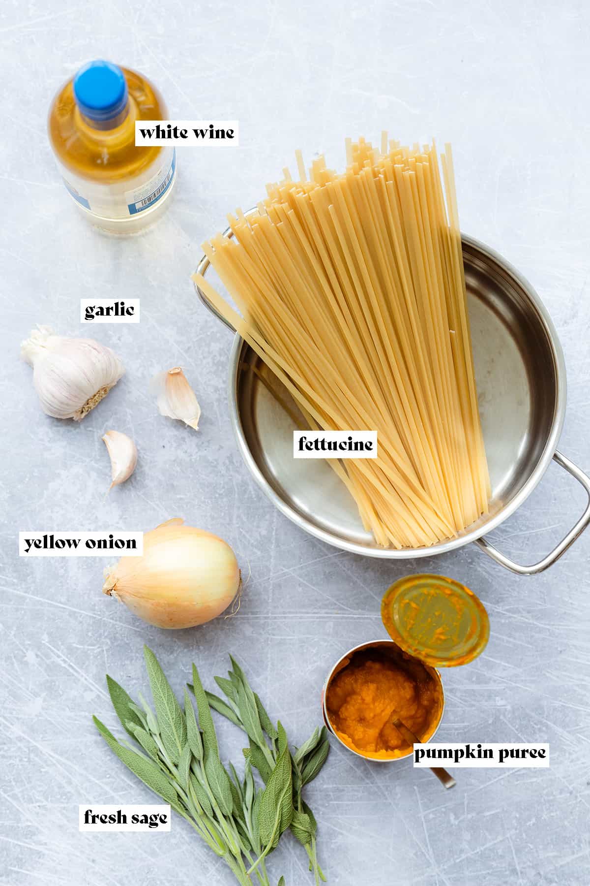 Ingredients for vegan pumpkin pasta laid out on a light metal background.