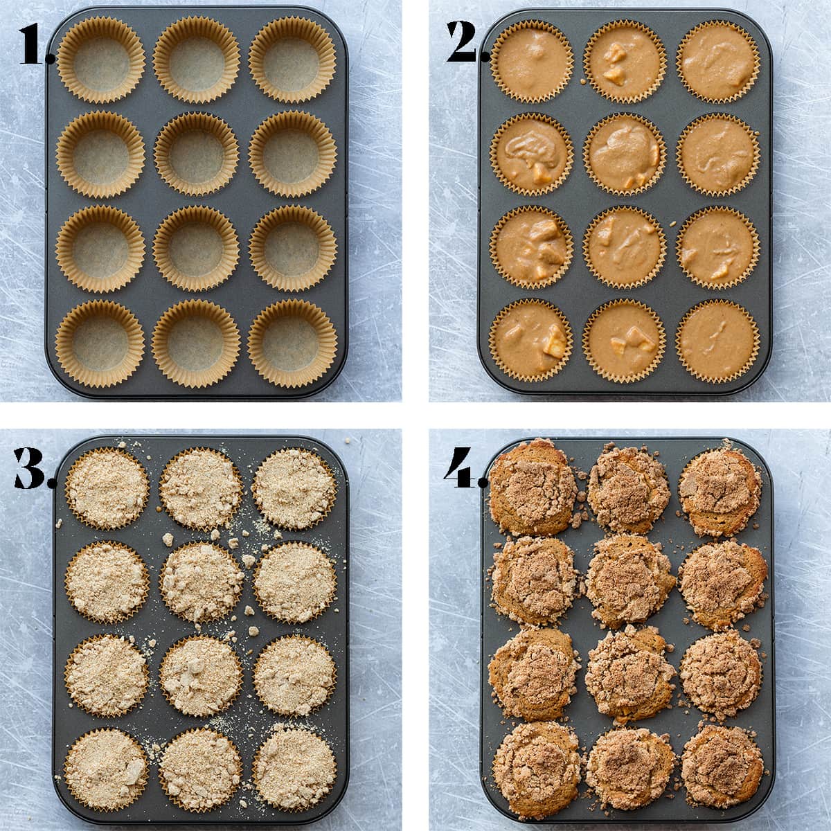 A muffin pan with muffin liners and batter.