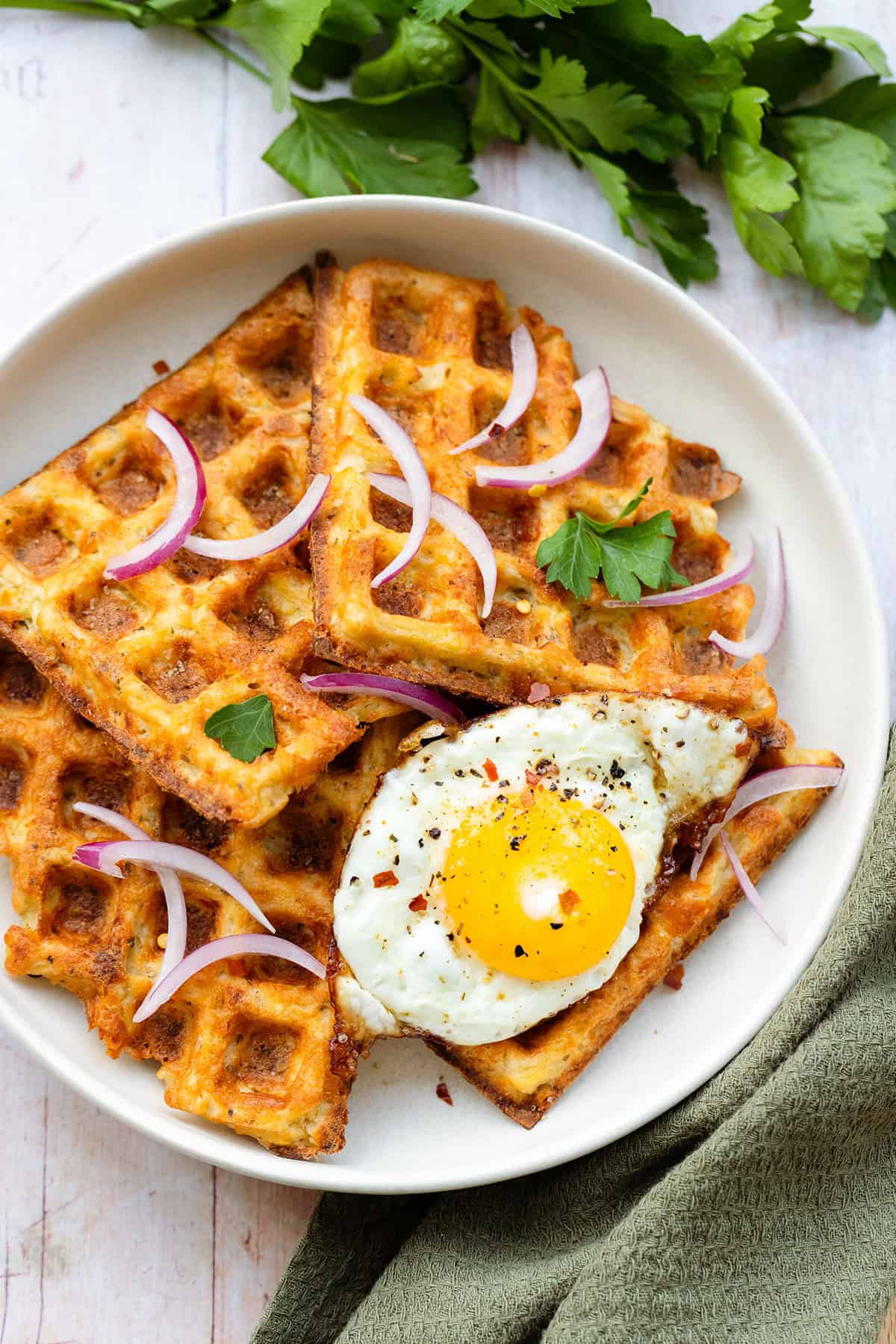 Soyrizo, Spinach Hash Brown Waffles with Sriracha Syrup