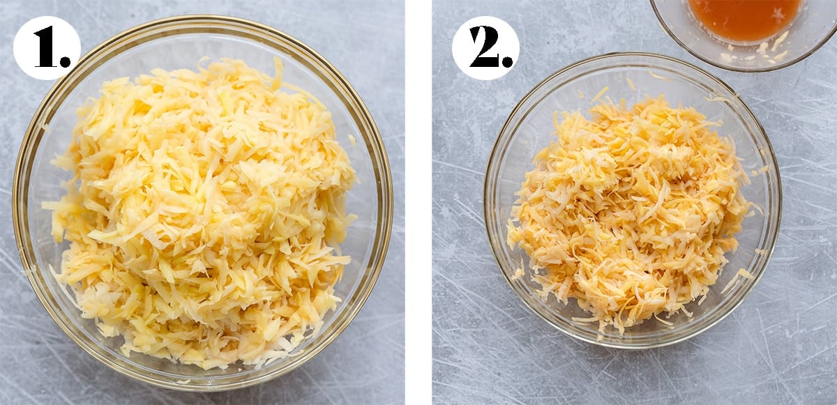 Shredded potatoes before and after water being squeezed out of them.