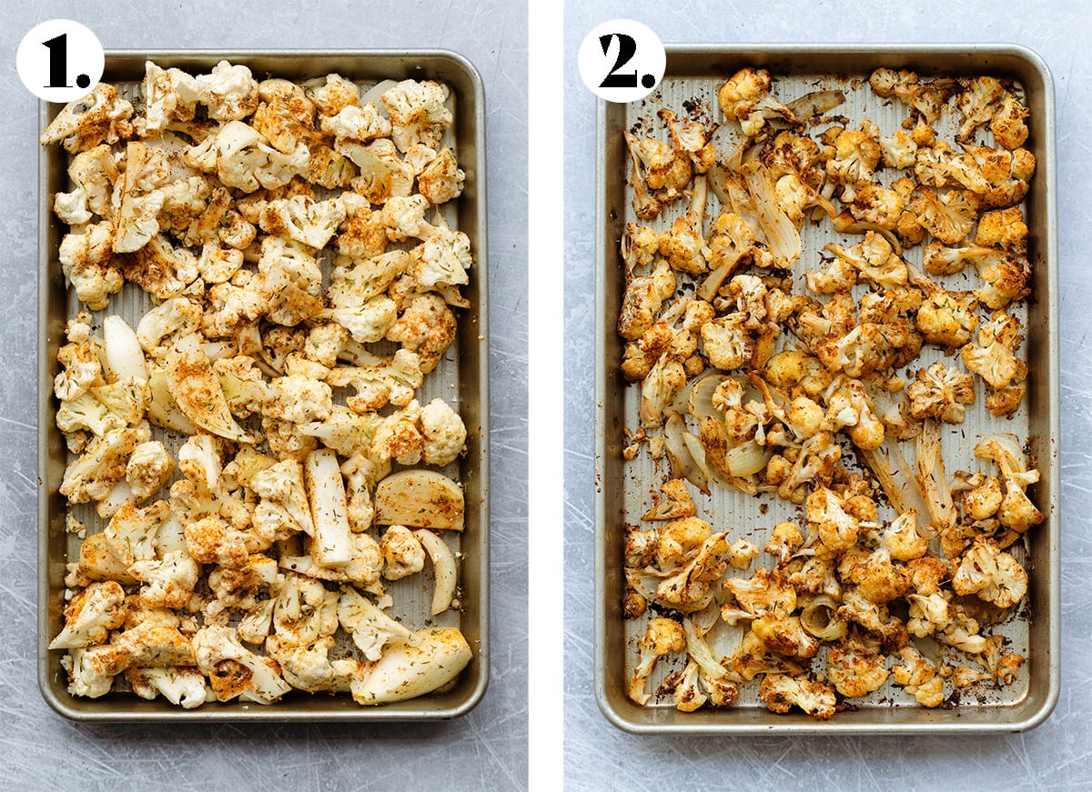 Cauliflower florets before and after roasting on a sheet pan on a metal background.