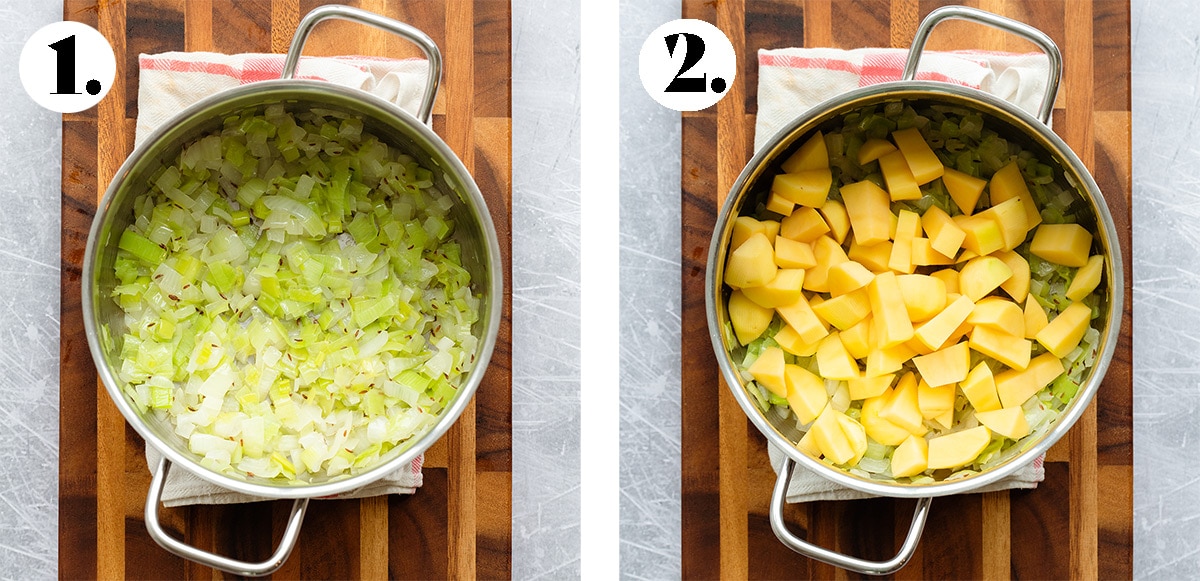Leeks sauteed in a large pot on the left and potatoes being added on the right.