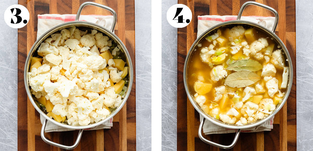 Raw cauliflower and potatoes in a large pot on the left and on the right the same pot with broth added.