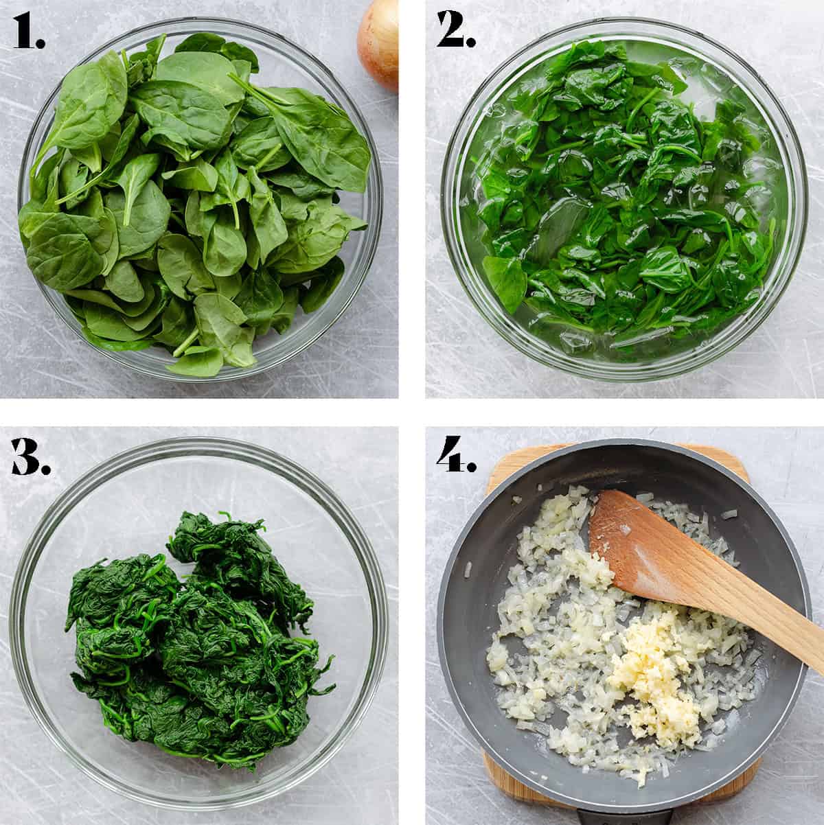 Four process photos of blanching spinach and sauteeing onions.