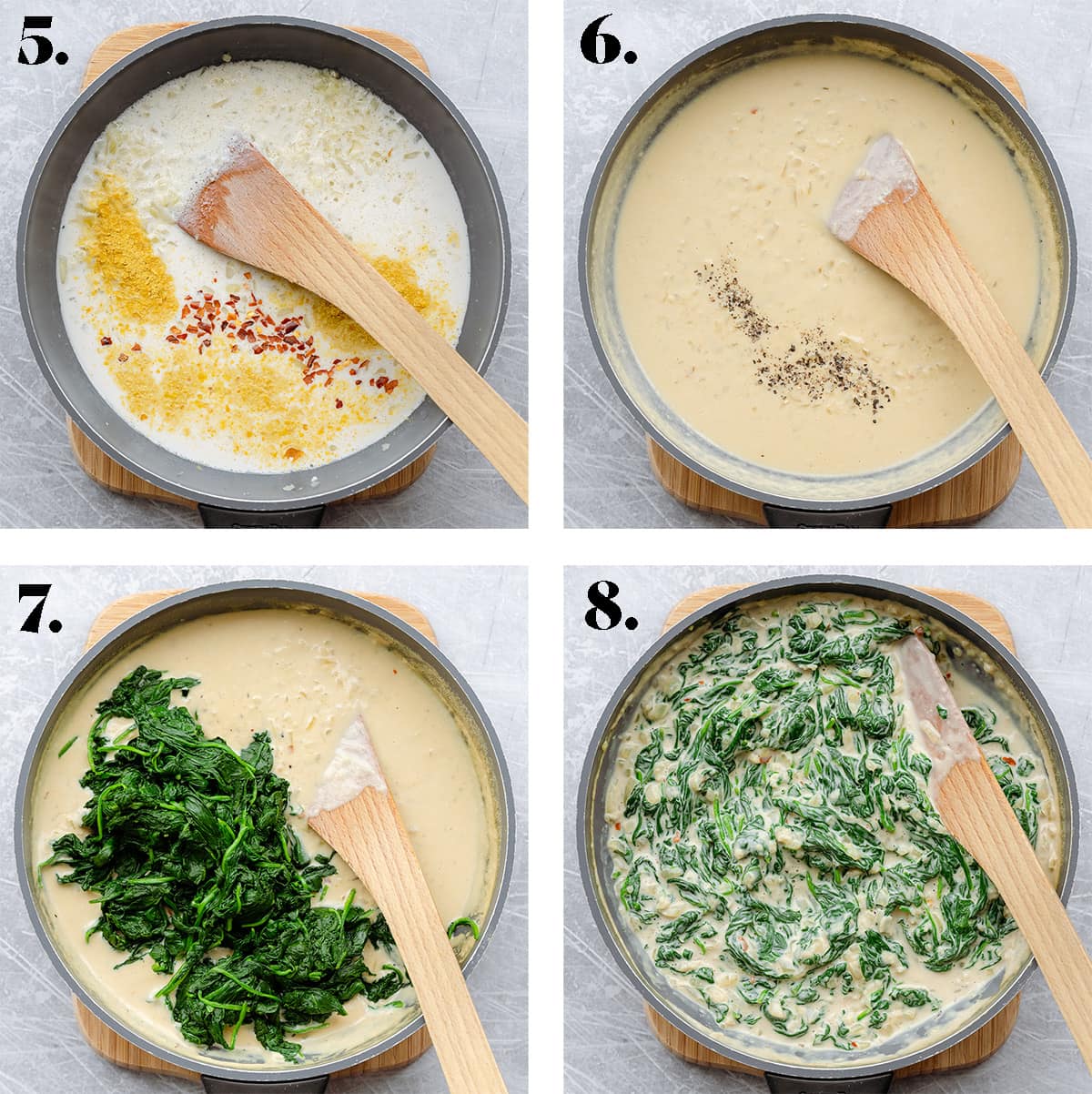 4 process photos of making of vegan creamed spinach. Mixing milk and spices, and adding spinach.