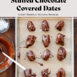 Chocolate covered dates sprinkled with sea salt on a baking sheet.