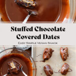 A nut butter stuffed medjool date dipped into a bowl of melted chocolate.