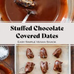 A nut butter stuffed medjool date dipped into a bowl of melted chocolate and placed on a baking sheet to harden.