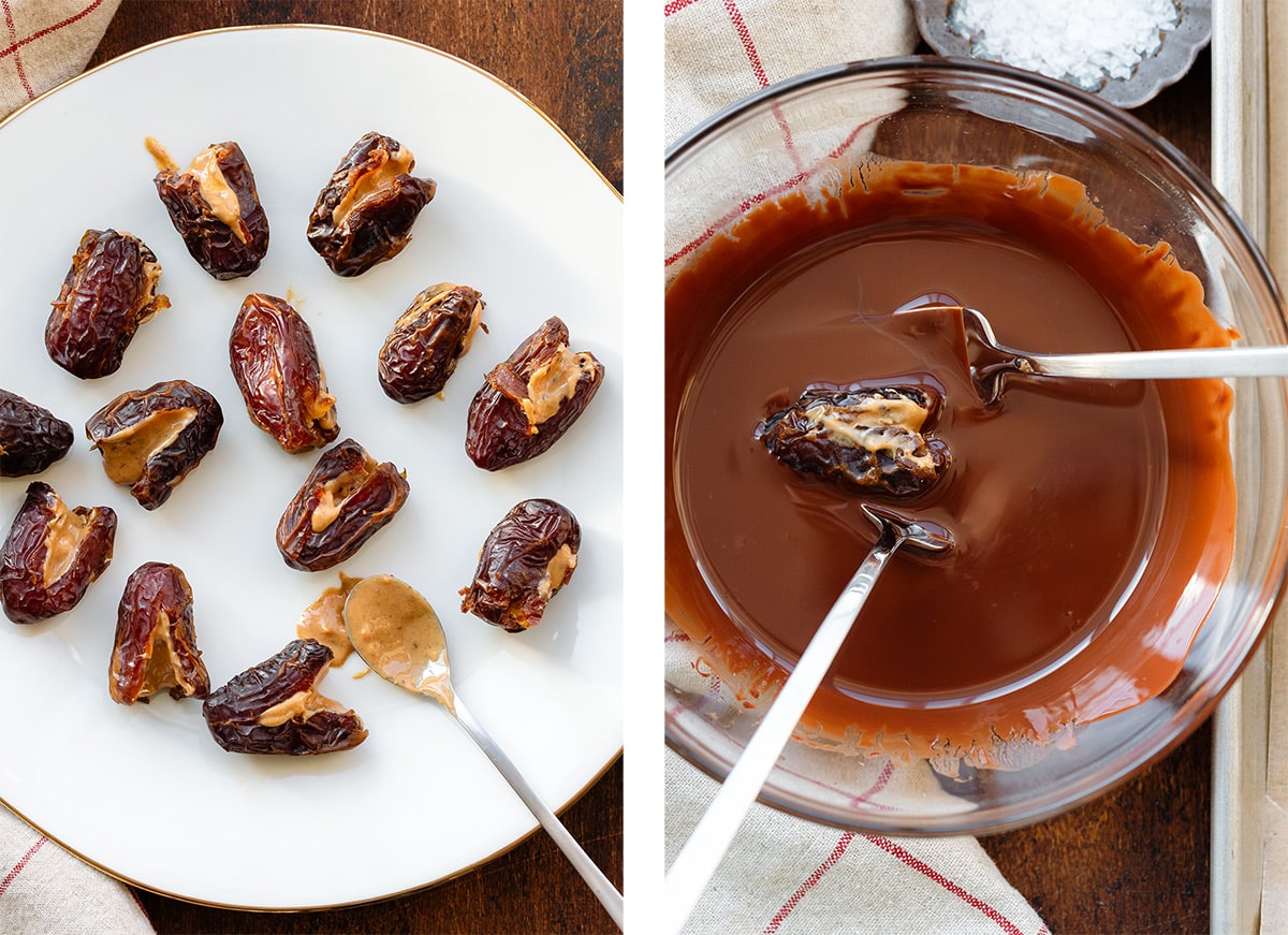 Two photos of dates being filled with peanut butter and being dipped into melted chocolate.