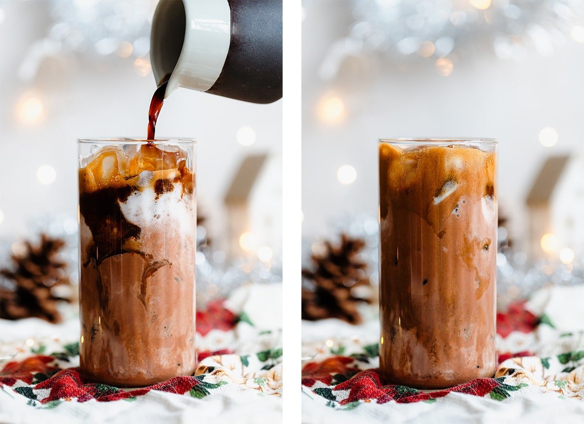 Two process shots of before and after pouring espresso over iced chocolate milk in a tall glass.