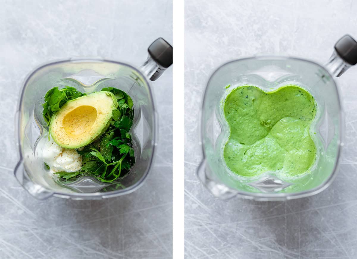 Green Goddess dressing in a blender before and after blending.