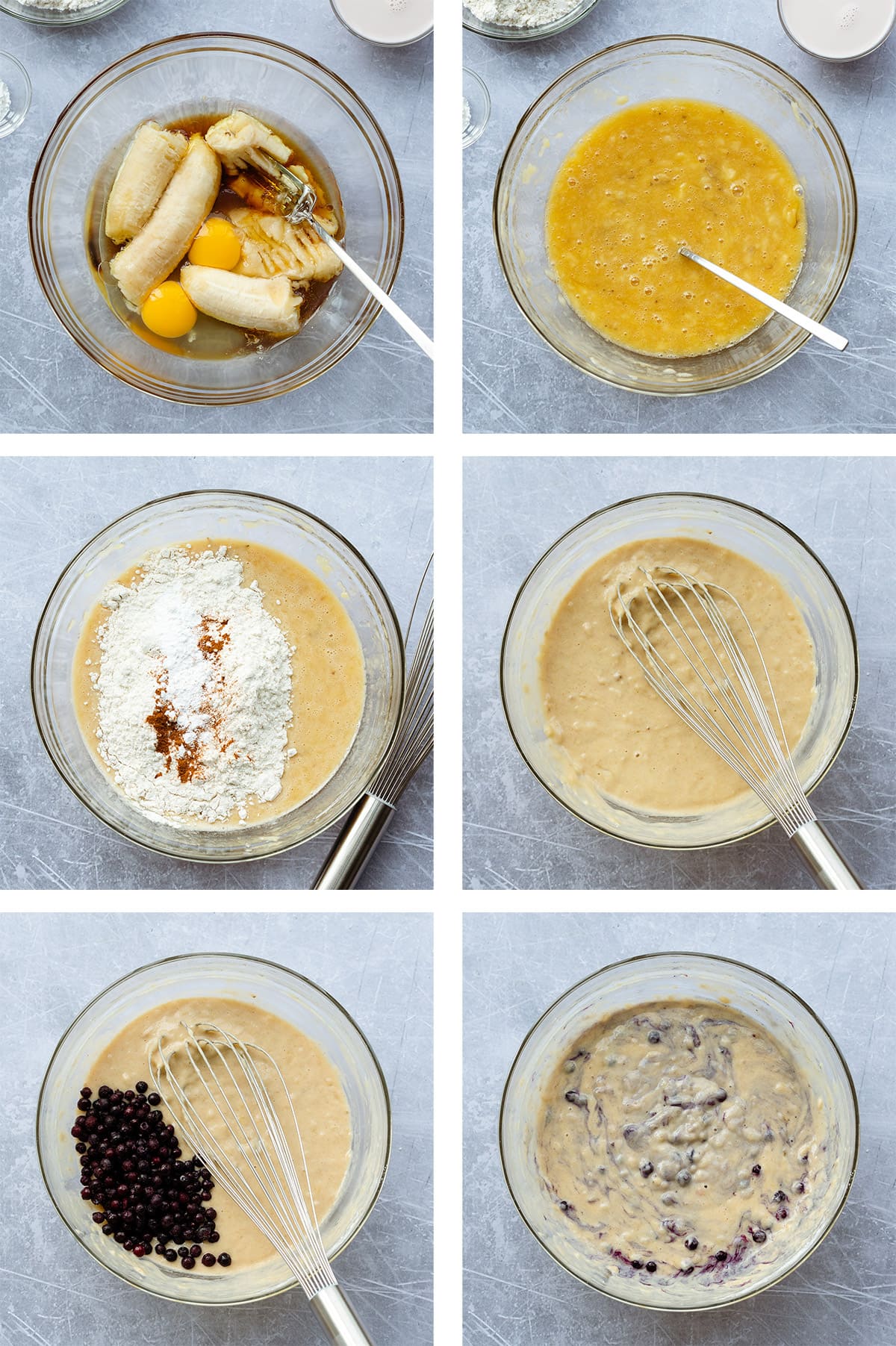 Six process shots showing how to make batter for blueberry pancakes.