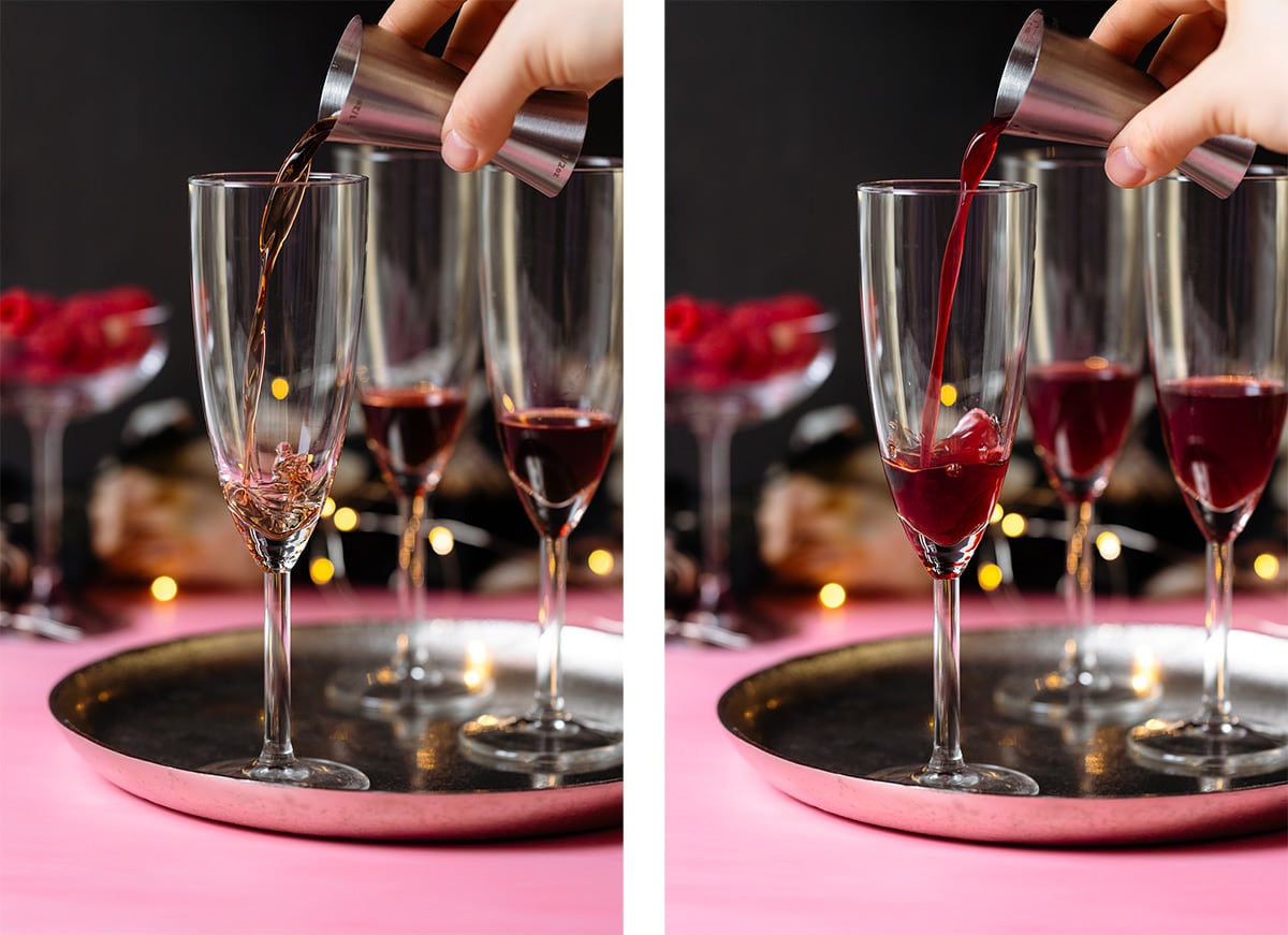 Raspberry syrup and chambord being poured into flute Champagne glasses on a pink and black background.