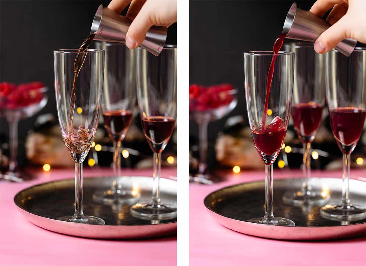 Raspberry syrup and chambord being poured into flute Champagne glasses on a pink and black background.