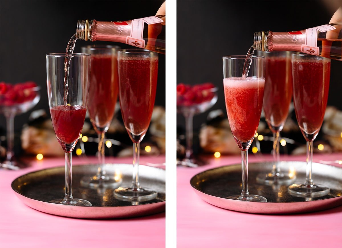 Prosecco being poured into flute glasses with pink drink on a silver platter and pink and black background.