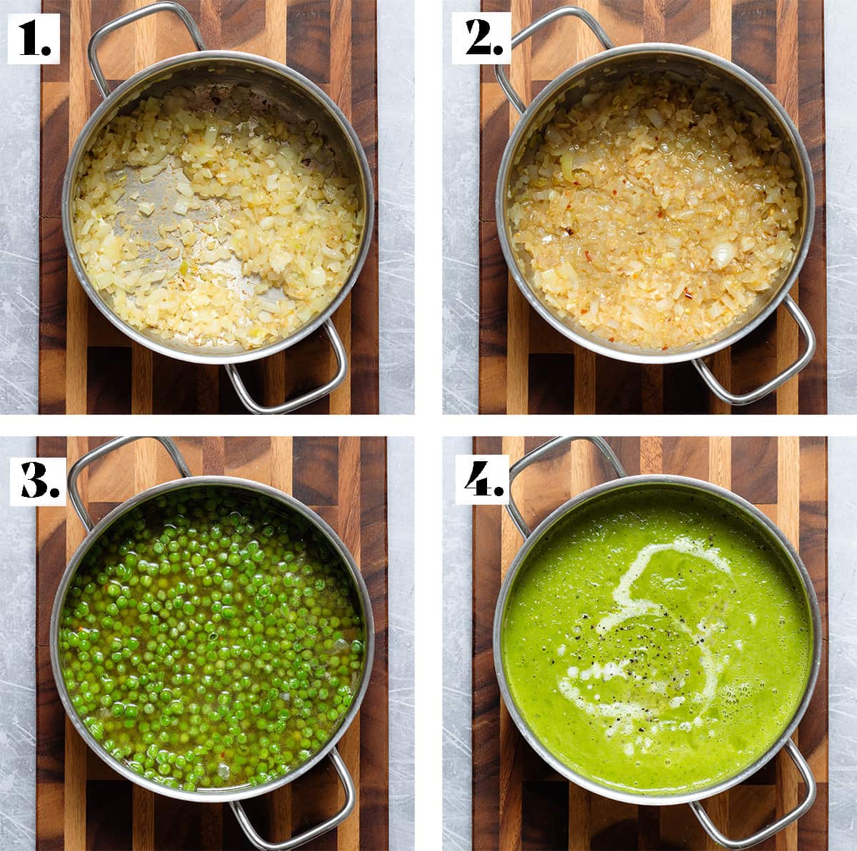 Four photos of a large pot, with sauteed onion, deglazed onion, with stock and peas, and after it's been blended.