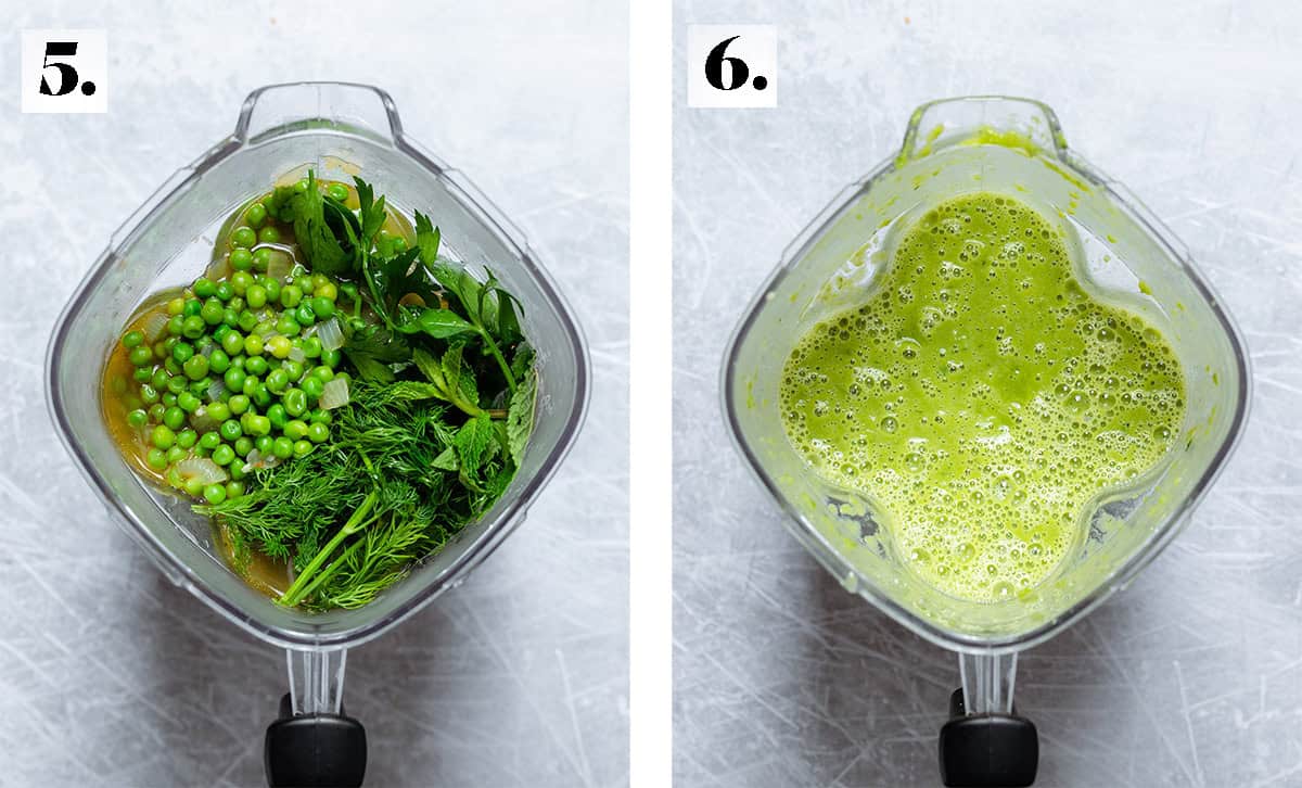 A blender with herbs, peas, and vegetable stock on the left and after it's all blended on the right.