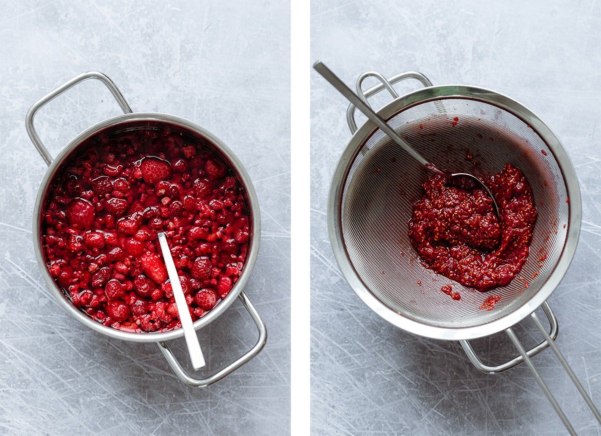 Raspberries with water and maple syrup in a small pot on the left and straining them on the right.