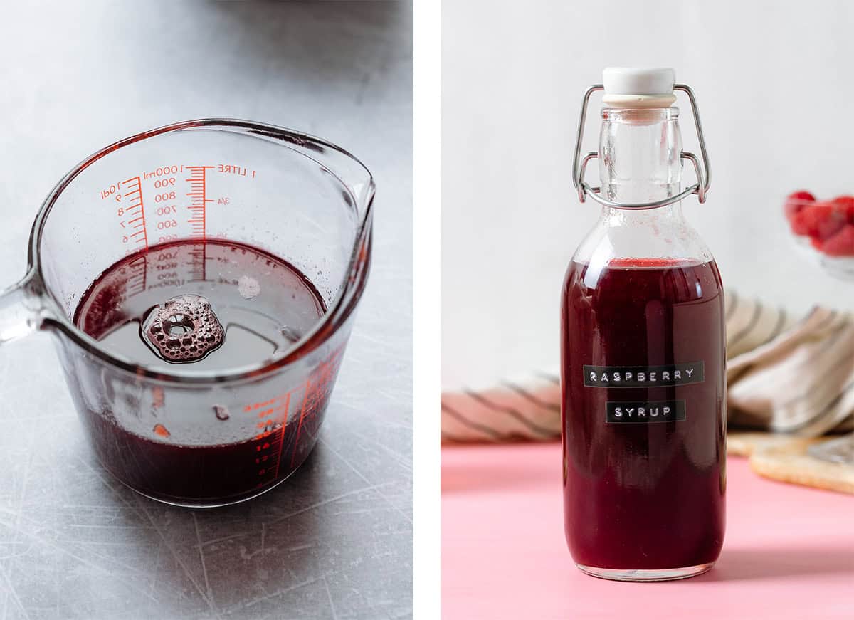 Raspberry syrup in a glass jar and a glass bottle on a white and pink background.