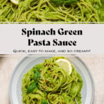 Spaghetti with green sauce in a low grey bowl garnished with fresh basil, chili flakes, and lemon.