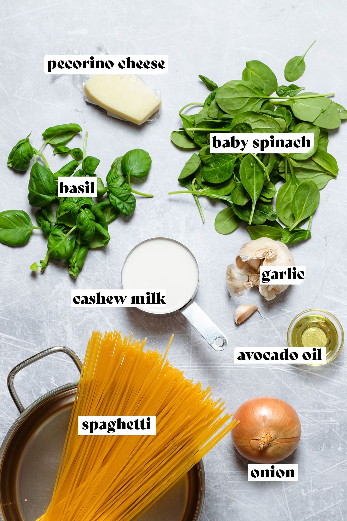 Spinach, basil, spaghetti, parmesan, garlic, and onion laid out on a metal background.