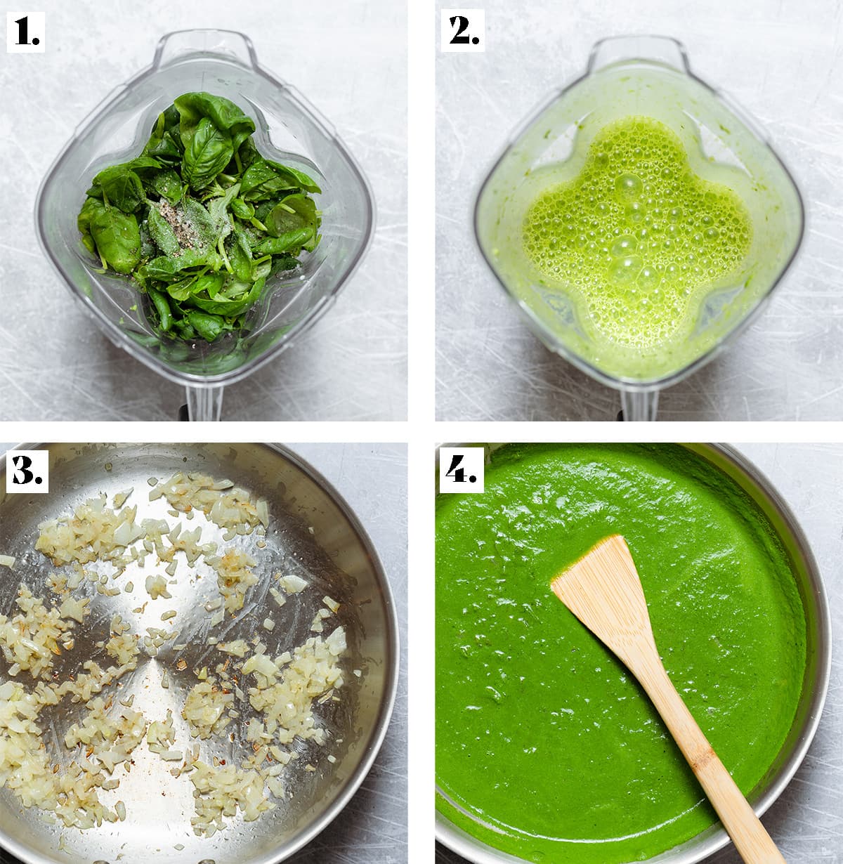 Four process shots showing how to blend spinach into green pasta sauce and cook it.