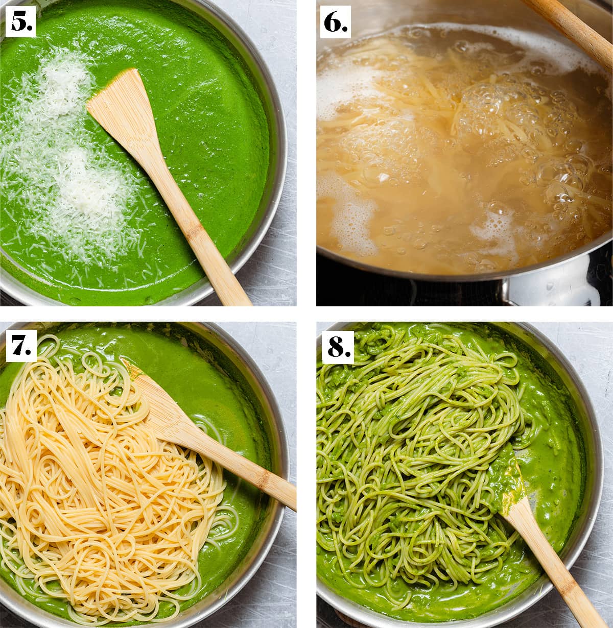 Four process shots showing how to cook spaghetti and tossing it with green pasta sauce and parmesan.