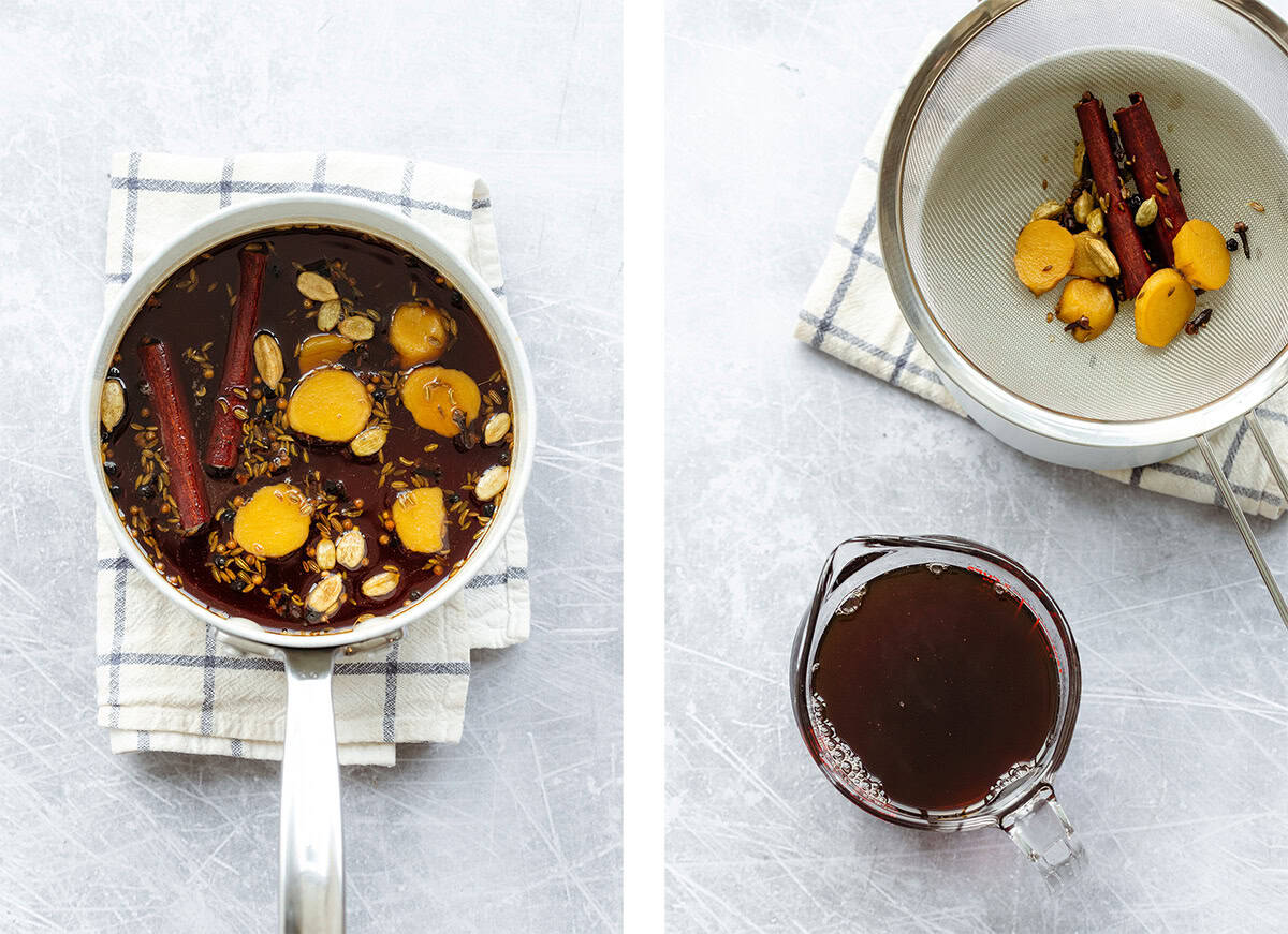 Chai syrup after cooking in a saucepan on the left and strained in a glass on the right.