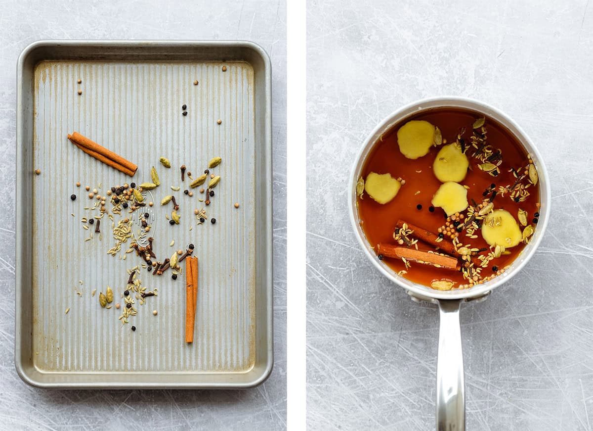 Whole chai spices on a baking sheet on the left and spices with maple syrup in a saucepan on the right.