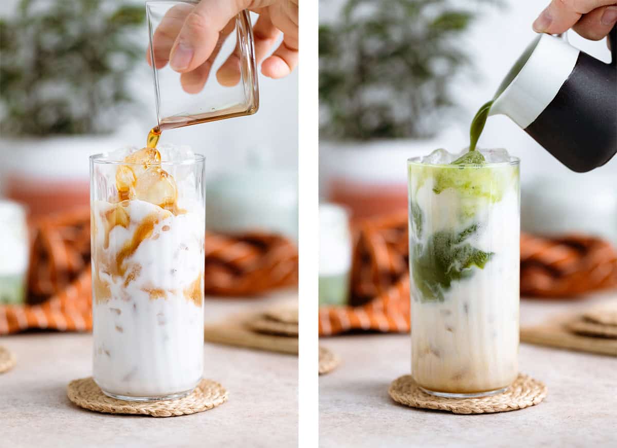 Chai syrup and matcha tea being poured into a tall glass with ice and milk.