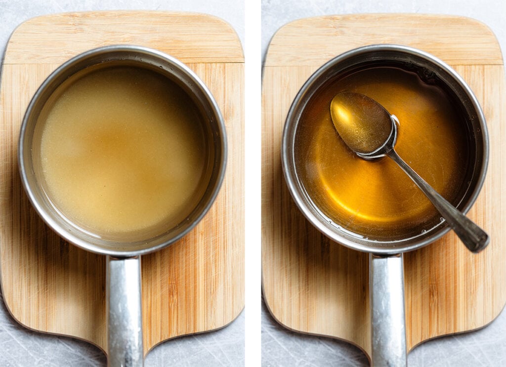 Homemade syrup in a saucepan before and after cooking.